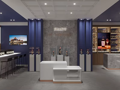 Modern Restaurant Interior Design With Blue Walls Bar Counter Wine Racks TV And Marble Wall 3d model
