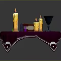 Purple Tablecloth Covered Table With Wooden Box Green Gem Lit Candles Dagger And Blue Cup