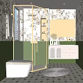 Elegant Bathroom Interior With Green Tiles Glass Shower Floral Mirror And White Vanity