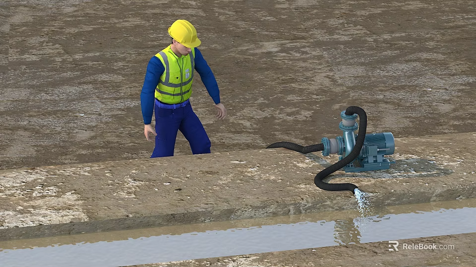 Construction Site Water Pump With Drainage Hose For Muddy Ground Standing Water 3d model 