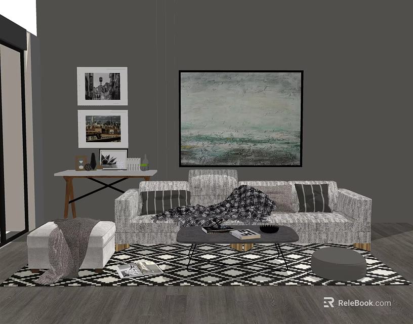 Modern Living Room Interior With Sofa Coffee Table Set Throw Pillows And Geometric Rug 3d model 