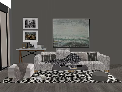 Modern Living Room Interior With Sofa Coffee Table Set Throw Pillows And Geometric Rug 3d model