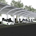 Modern Covered Parking Lot With Charging Stations White Cars And Trees Surrounded