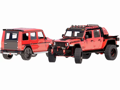 Red Off Road SUV and Pickup Truck with Modified Roof Lights and Large Tires 3d model