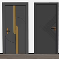 Sleek Modern Swing Doors In Dark Color With Golden Accents And Geometric Pattern Design