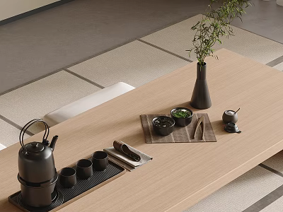 Japanese Style Black Tea Set On Wooden Table With Ceramic Cups And Bamboo Vase 3d model