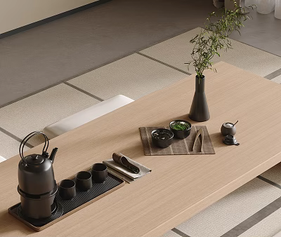 Japanese Style Black Tea Set On Wooden Table With Ceramic Cups And Bamboo Vase 3d model