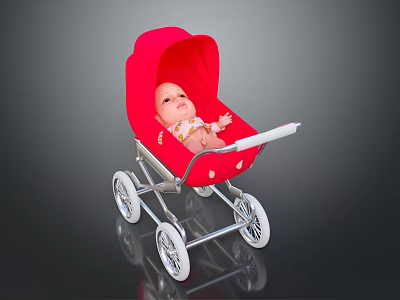 Red Baby Stroller With White Wheels Carrying Cute Baby Lying Comfortably Inside 3d model