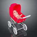 Red Baby Stroller With White Wheels Carrying Cute Baby Lying Comfortably Inside