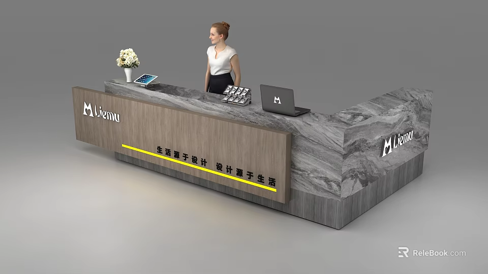 Modern Marble Reception Desk with Laptop Documents Flower Vase and M VISION Sign 3d model 