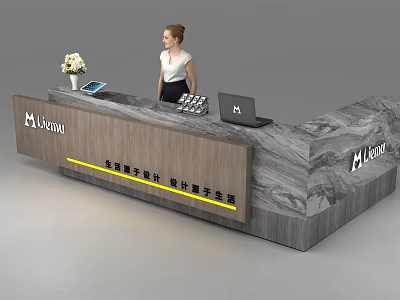 Modern Marble Reception Desk with Laptop Documents Flower Vase and M VISION Sign 3d model