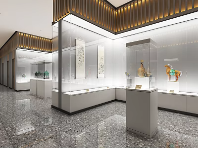 Modern Cultural Center Interior Design With Glass Display Cases And Traditional Exhibits 3d model