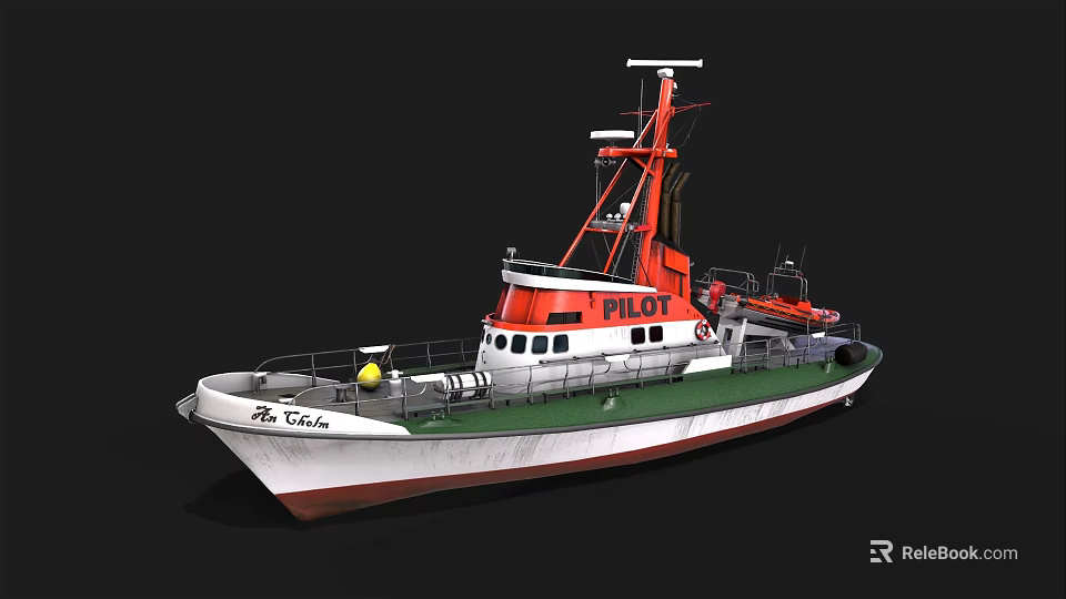 Pilot Boat With White Hull Orange Upper Structure And Navigation Equipment 3d model