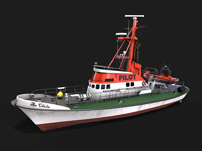 Pilot Boat With White Hull Orange Upper Structure And Navigation Equipment 3d model