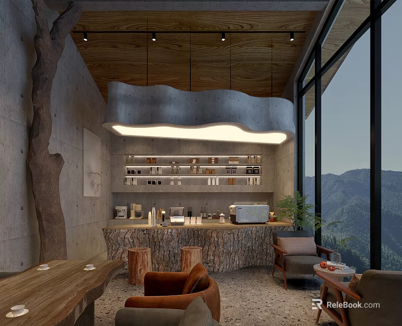 Modern Rustic Restaurant Interior With Curved Bar Wooden Ceiling And Mountain View Through Windows 3d model 