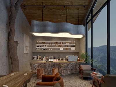 Modern Rustic Restaurant Interior With Curved Bar Wooden Ceiling And Mountain View Through Windows 3d model