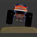Blue Monster Truck With Flame Graphics And Large Red Tires Jumping Through Dirt Particles