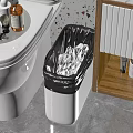 Clean Public Toilet Facility With White Commode Trash Bin And Wooden Cabinet