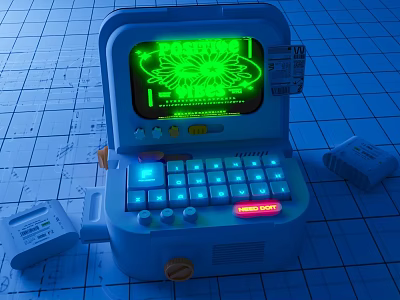 Blue Electronic Device With Green Screen Displaying Pattern Keyboard Buttons And Accessories 3d model