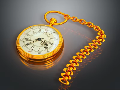 Golden Vintage Pocket Watch With White Dial Roman Numerals and Decorative Chain 3d model