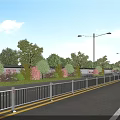 Municipal Road With Street Lamps Green Belts Trees Guardrails And Vehicles