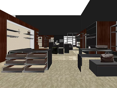 Modern Boutique Store Interior With Wooden Shelves Display Counters And Leather Bag 3d model
