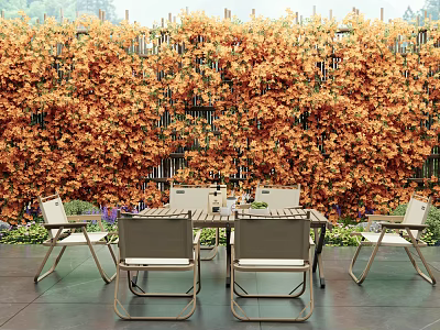Lush Orange Vine Covered Wall In Patio With Dining Table And Chairs 3d model