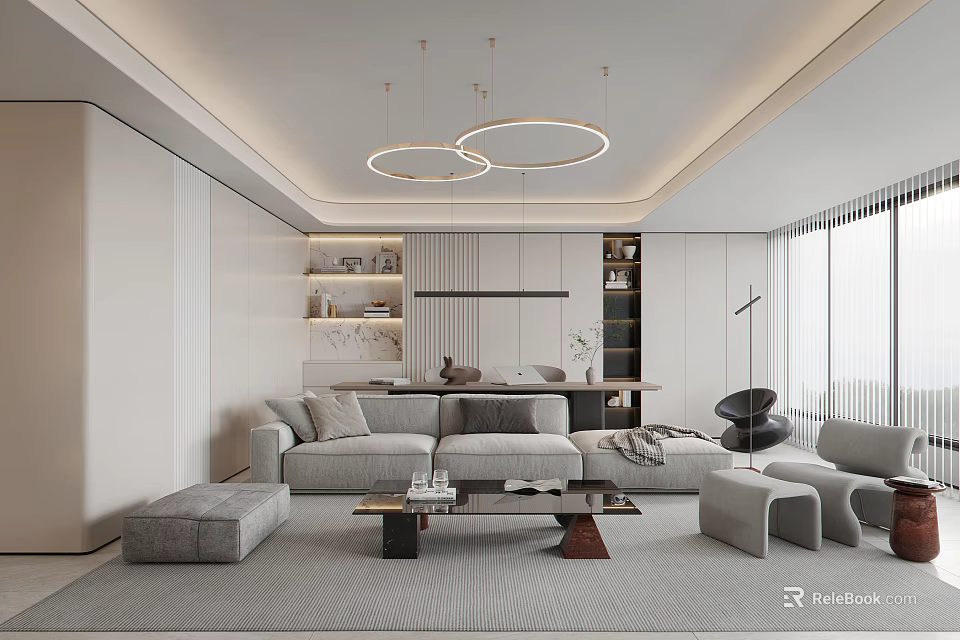 Elegant Modern Living Dining Room Interior With Round Chandeliers Gray Sofa And Coffee Table 3d model 