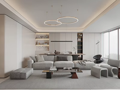 Elegant Modern Living Dining Room Interior With Round Chandeliers Gray Sofa And Coffee Table 3d model