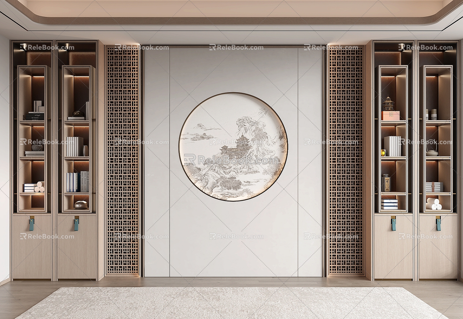 New Chinese-style bookcase decorative cabinet background wall modeling wall 3d model