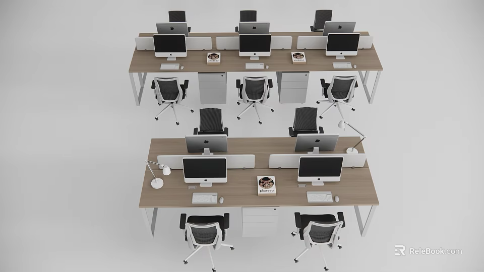 Modern Open Plan Office Interior With Long Desks Multiple Computer Monitors And Office Chairs 3d model