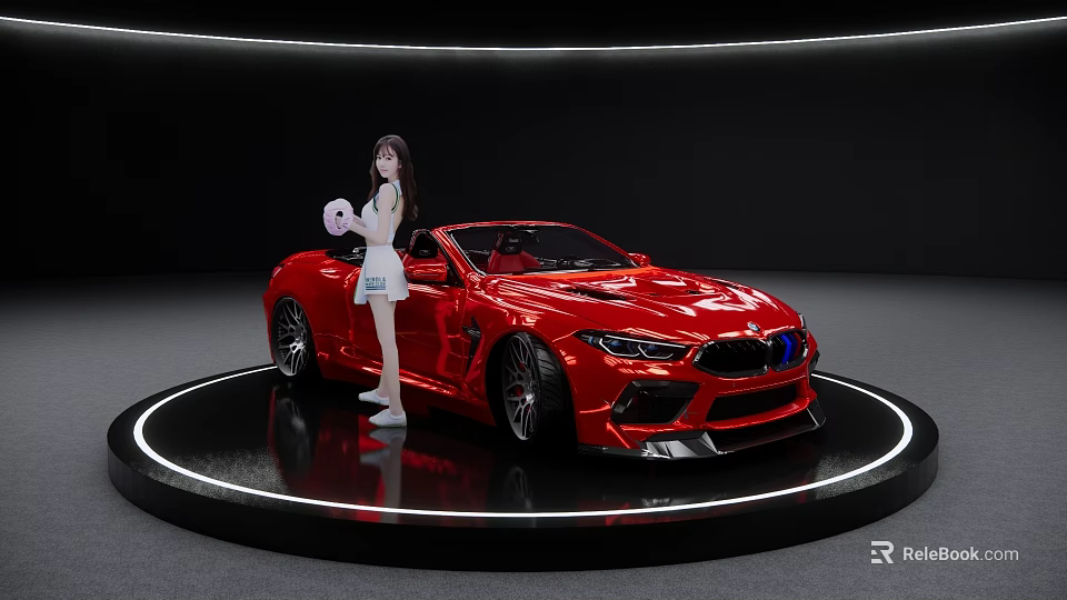 Red Convertible Sports Car With Girl In White Outfit On Black Display Platform 3d model 