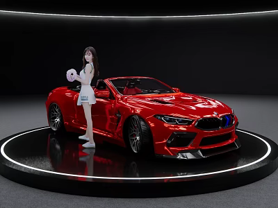 Red Convertible Sports Car With Girl In White Outfit On Black Display Platform 3d model