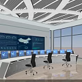 Modern Control Room With Large Screens Data Charts Map Multiple Monitors And Office Chairs 3d model