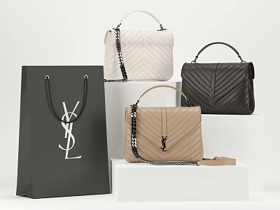 Structured Beige And Black Handbags With Chain Details And YSL Shopping Bag 3d model