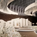 Elegant Banquet Hall Interior With White Arches Crystal Chandeliers And White Tables