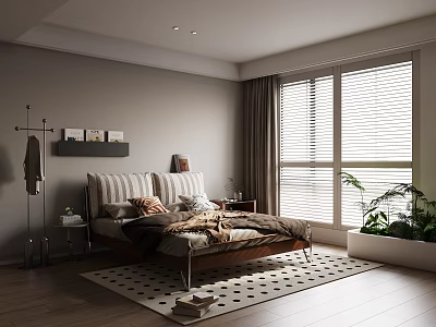 Modern Bedroom Interior With Wooden Bed Pillows Blinds Rug And Decorative Plants 3d model