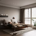 Modern Bedroom Interior With Wooden Bed Pillows Blinds Rug And Decorative Plants