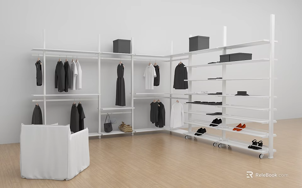 White Clothes Hangers in Modern Cloakroom with Hanging Clothes Storage Shelves and Shoes 3d model 