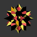 Cartoon Scene With Yellow Red Triangles And Glossy Polyhedron Sphere On Dark Background