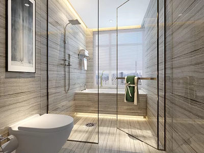 Bright Elegant Modern Bathroom With Marble Tiles Glass Shower Enclosure And Comfortable Soaking Bathtub 3d model