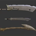 Three Ancient Weapons With Long Short And Curved Blades And Decorative Carvings