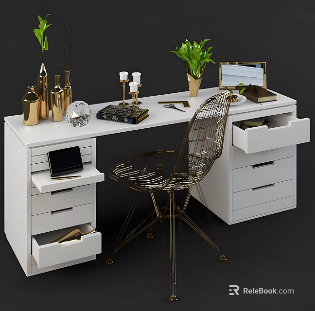 Modern White Office Desk With Green Plant Gold Vases Candles Laptop And Metal Chair 3d model 