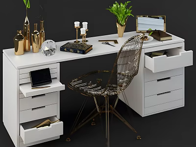 Modern White Office Desk With Green Plant Gold Vases Candles Laptop And Metal Chair 3d model