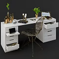 Modern White Office Desk With Green Plant Gold Vases Candles Laptop And Metal Chair
