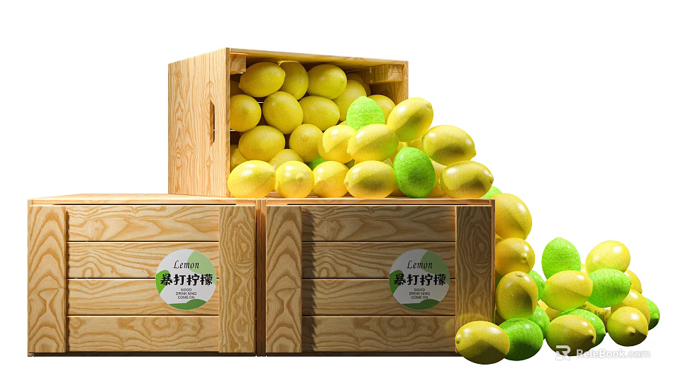 Popular Photo Check-in Spot With Stacked Wooden Crates And Fresh Yellow Green Lemons 3d model 