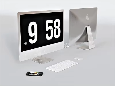 Dual Computer Monitors Setup Showing 9 58 PM Time Display With Keyboard Mouse And Accessories 3d model