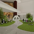 Cute Panda Figures On Green Lawn With Stones Plants And Staircase In Mall