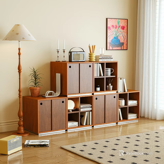Wooden TV Stand with Storage Cabinets and Shelves Decorated with Radio Plants and Wall Art 3d model 