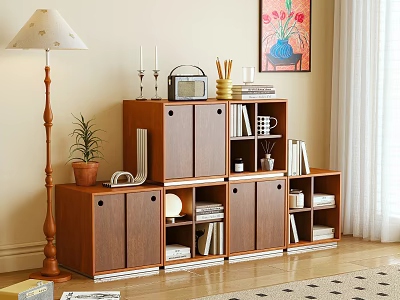 Wooden TV Stand with Storage Cabinets and Shelves Decorated with Radio Plants and Wall Art 3d model